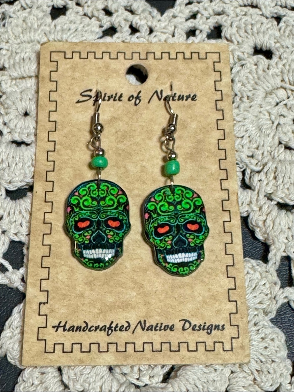 Spirit of Nature Green Sugar Skull Dangle Earrings